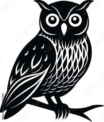 Owl silhouette vector perched on branch with head turned slightly