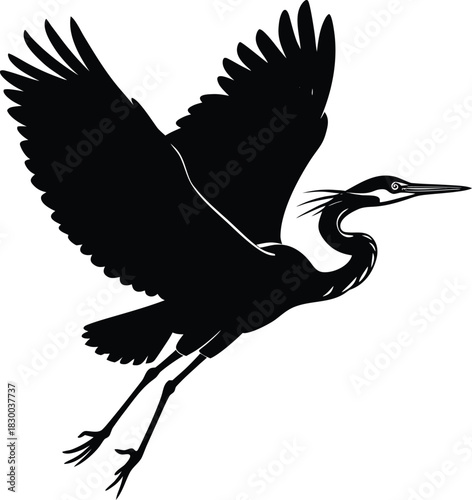 Heron silhouette vector flying with long legs trailing straight
