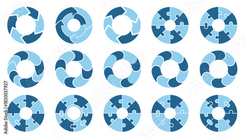 A collection of circular diagrams, including segmented arrows and interlocking puzzle pieces, presented in various shades of blue against a white background.