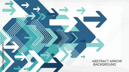 A dynamic abstract background features a cluster of teal and blue arrows pointing in various directions, suggesting movement and progress.