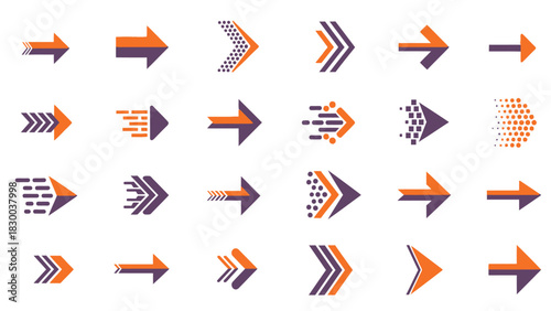 A collection of twenty-four distinct arrow icons in orange and purple, showcasing various modern designs and styles, arranged in a grid formation.