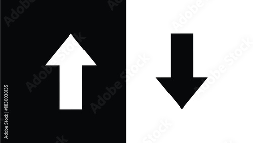 A white arrow points upwards on a black background next to a black arrow pointing downwards on a white background, symbolizing direction and contrast.