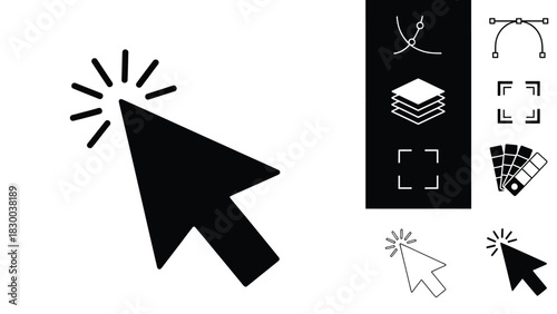 A black computer cursor icon with radiating lines indicating a click action, alongside a sidebar of graphic design tools and interface elements.
