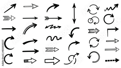 A collection of diverse hand-drawn arrow icons, showcasing various styles, directions, and shapes, on a white background.
