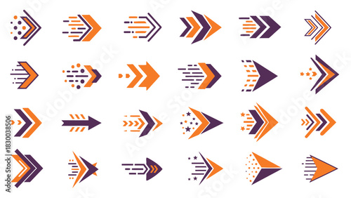 A collection of dynamic arrow icons featuring various designs and speeds, presented in a grid layout against a white background.