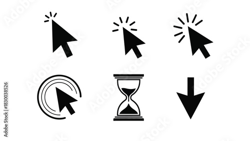 A collection of six black computer cursor icons, including an hourglass and a simple arrow, are displayed against a white background.