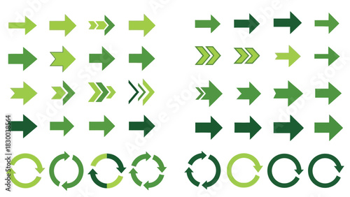 A collection of various green arrow icons and circular arrow symbols are displayed against a white background, representing direction and movement.