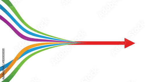 Multiple colored lines converge into a single red arrow pointing to the right, symbolizing integration and direction on a white background.