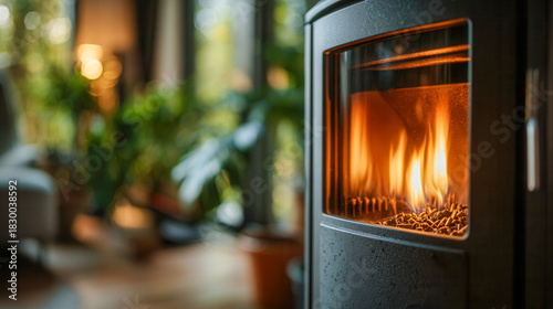 Warm and cozy pellet stove burning brightly indoors with blurred green plants and natural light in the background creating a relaxing atmosphere