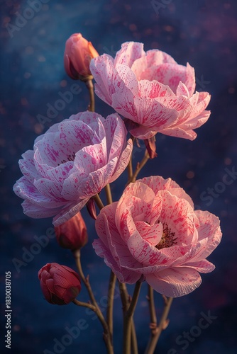 Elegant blooms in soft pink and white, speckled with red, against a dark bokeh background.