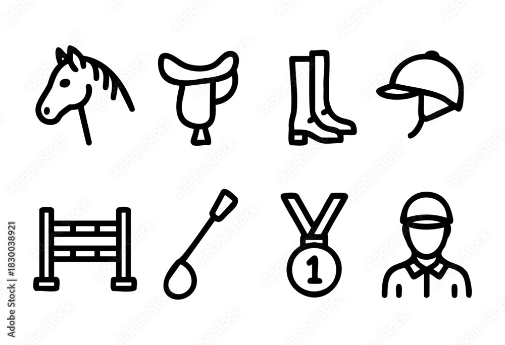 Obraz premium Equestrian sport line icons — horse, saddle, and other riding and show jumping gear — stock vector.