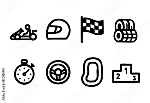 Go-kart racing line icons — kart, helmet, checkered flag, and racetrack elements — stock vector.