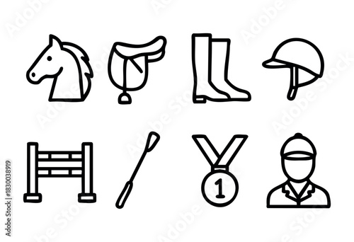 Equestrian sport line icons — horse, saddle, and other riding and show jumping gear — stock vector.