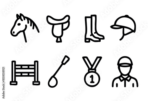 Equestrian sport line icons — horse, saddle, and other riding and show jumping gear — stock vector.