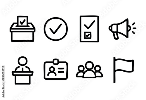 Voting and election line icons — ballot box, vote check, and other political process symbols — stock vector.