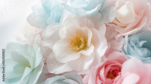 Close-up photo showcases pastel roses. Soft, dreamy hues bring a tranquil, romantic feel.