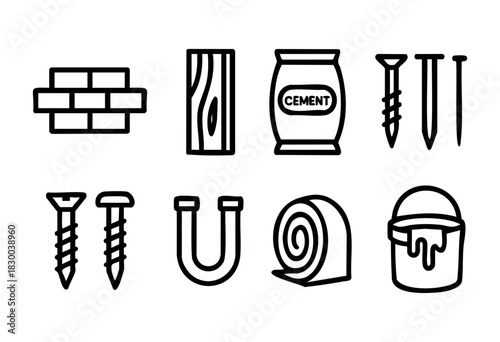 Construction materials line icons — bricks, wood, cement, and other building supplies — stock vector.