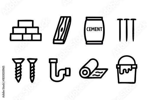 Construction materials line icons — bricks, wood, cement, and other building supplies — stock vector.