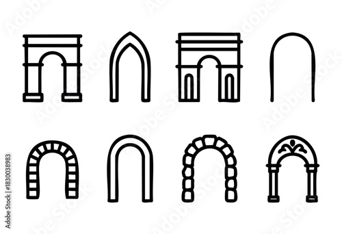 Architectural arches line icons — different styles of historical and modern arches — stock vector.