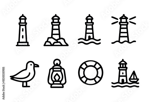 Lighthouse line icons — coastal navigation towers and nautical symbols — stock vector.