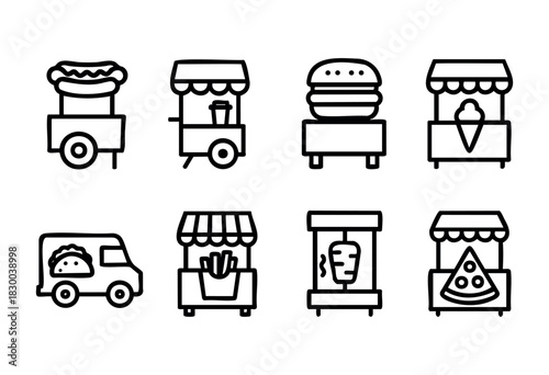 Street food carts and stands line icons — hot dog, burger, ice cream, taco truck — stock vector.