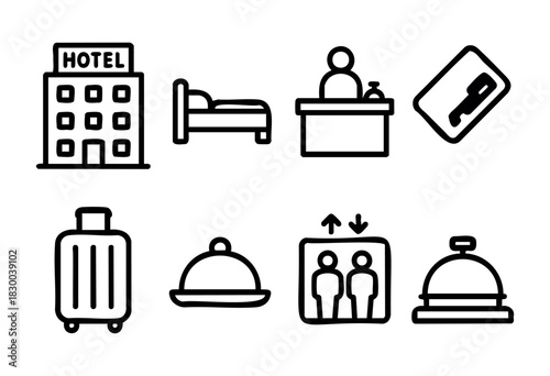 Hotel and hospitality service line icons — reception, bed, luggage, room key — stock vector.