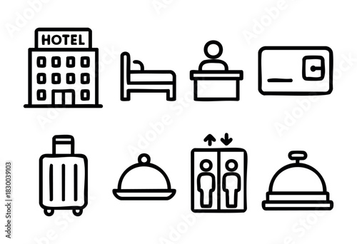 Hotel and hospitality service line icons — reception, bed, luggage, room key — stock vector.