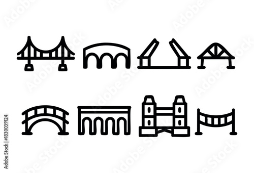 Bridge architecture line icons — various styles of bridges, including suspension and arch bridges — stock vector.