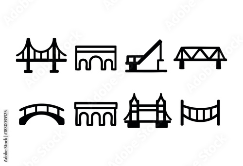 Bridge architecture line icons — various styles of bridges, including suspension and arch bridges — stock vector.