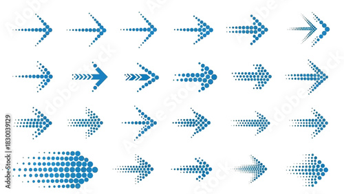 A collection of blue arrows, designed with dotted patterns and varying sizes, indicating direction and movement on a white background.