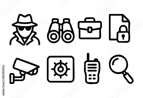 Spy and private investigation line icons — detective, binoculars, secret file, surveillance camera — stock vector.