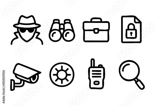 Spy and private investigation line icons — detective, binoculars, secret file, surveillance camera — stock vector.