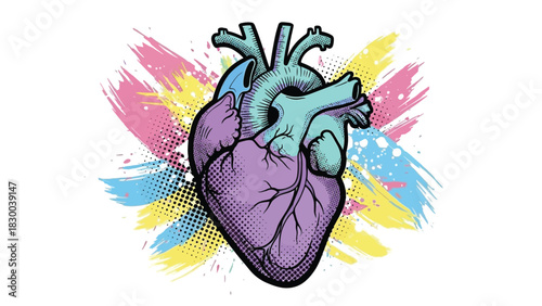 A stylized anatomical heart illustration in purple and teal, set against a vibrant abstract background of pink, yellow, and blue paint splatters and halftones.