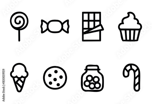 Sweets and candy line icons — lollipop, chocolate, cupcake, ice cream — stock vector.