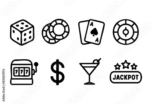 Casino and gambling line icons — dice, playing cards, roulette, slot machine — stock vector.
