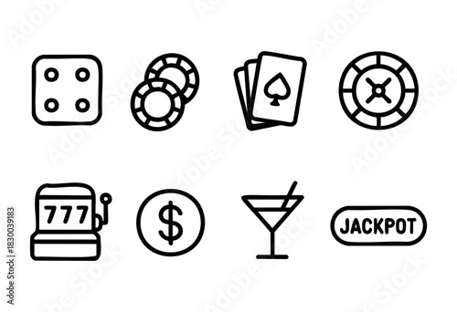 Casino and gambling line icons — dice, playing cards, roulette, slot machine — stock vector.