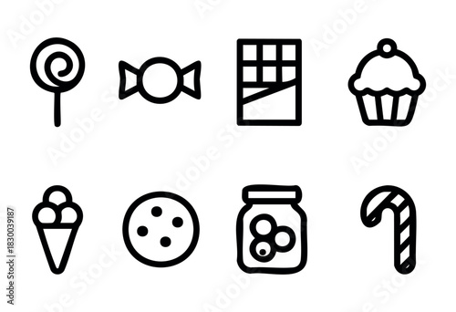Sweets and candy line icons — lollipop, chocolate, cupcake, ice cream — stock vector.