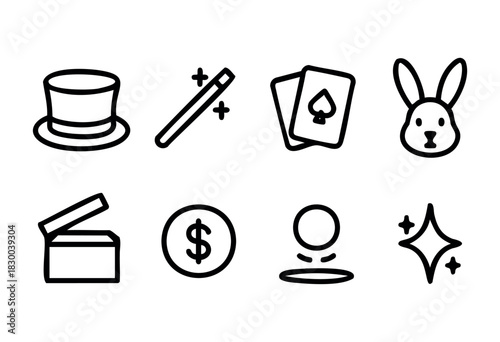Magic show and illusion line icons — top hat, magic wand, playing cards, and rabbit — stock vector.