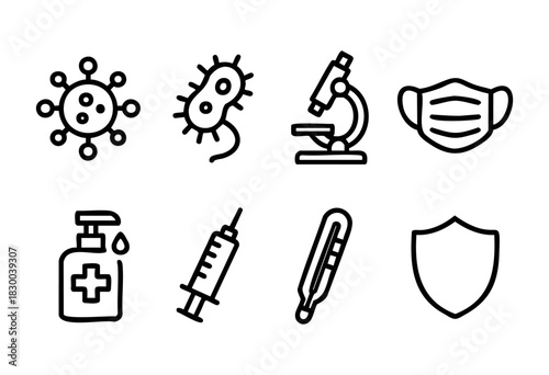 Virus and pandemic prevention line icons — virus cell, face mask, sanitizer, and vaccine — stock vector.
