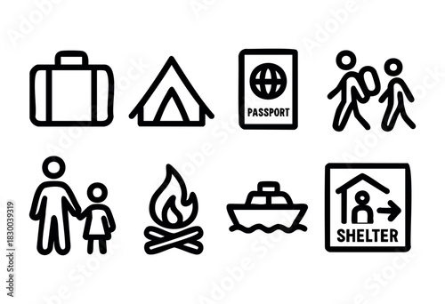 Refugee and migration line icons — shelter, passport, and humanitarian aid symbols — stock vector.