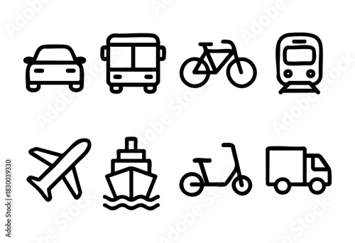 Transportation line icons — car, bus, train, and airplane — stock vector.
