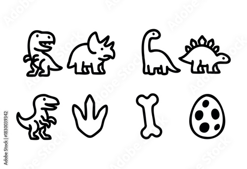 Dinosaur line icons — T-Rex, Triceratops, and other prehistoric elements like fossils and eggs — stock vector.
