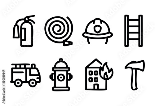 Firefighter and emergency response line icons — fire truck, helmet, hose, and extinguisher — stock vector.