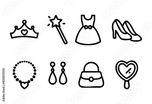 Princess and fairytale accessories line icons — crown, magic wand, dress, and jewelry — stock vector.