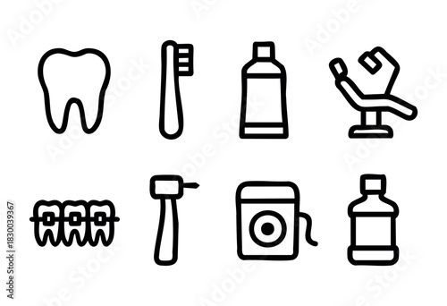 Dentistry and oral hygiene line icons — tooth, toothbrush, braces, and dentist's tools — stock vector.