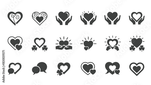 A collection of diverse heart-shaped icons representing love, care, and connection, some featuring hands, clovers, and speech bubbles, presented in a clean, graphic style.
