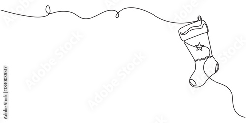 Christmas stocking in one continuous line on a white background. Christmas and New Year vector illustration. Christmas concept. Minimalistic style. Continuous one line drawing of Christmas socks.