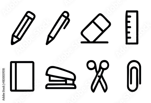 Stationery and office supplies line icons — pencil, pen, eraser, and ruler — stock vector.