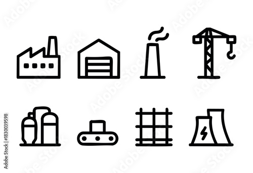 Industrial factory line icons — factory building, crane, and other manufacturing and power plant elements — stock vector.