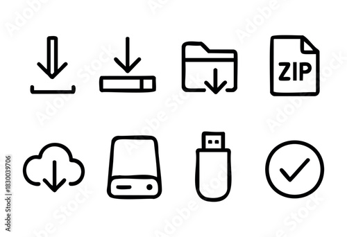 Download line icons — progress bar, cloud storage, and other file transfer symbols — stock vector.